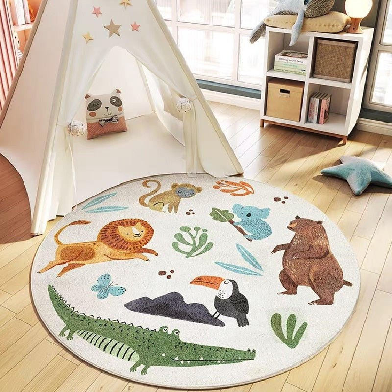 Tapis rond pour chambre enfant avec animaux du zoo