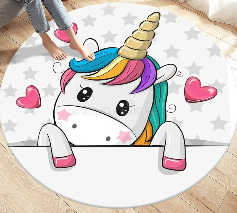 Tapis licorne rond pour chambre d'enfant coeur