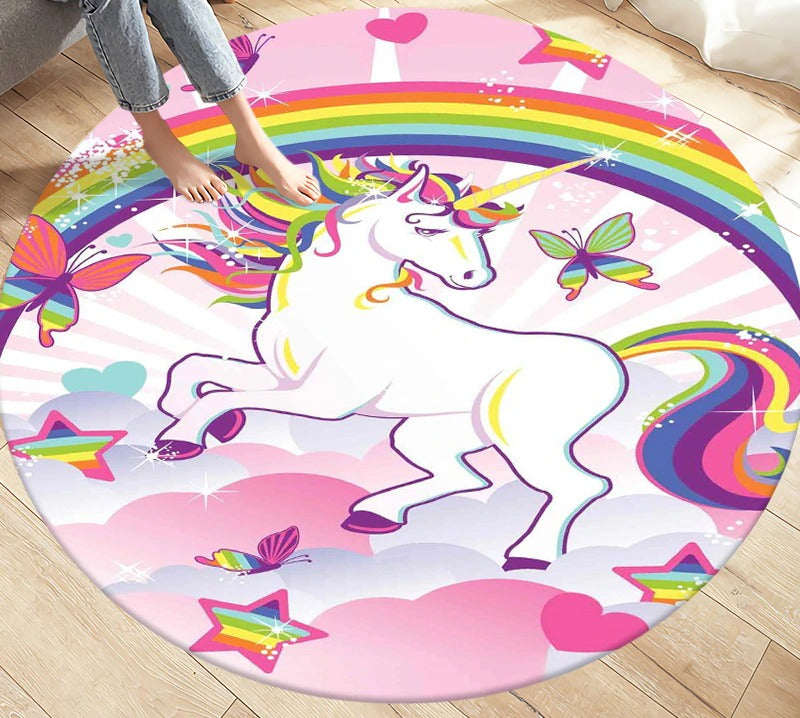 Tapis licorne rond pour chambre d'enfant arc-en-ciel