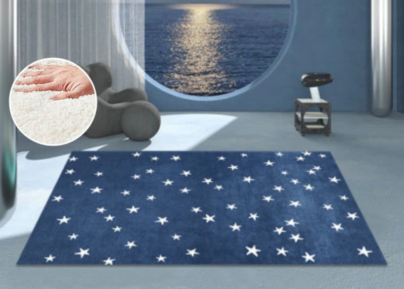 Tapis bleu chambre enfant avec des étoiles