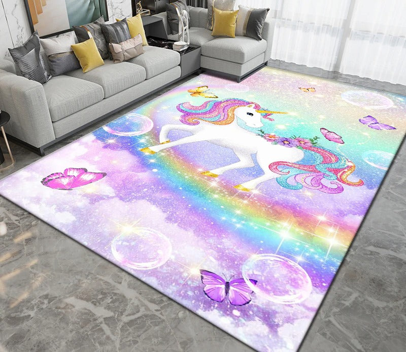 Tapis licorne pour chambre d'enfant rose arc-en-ciel