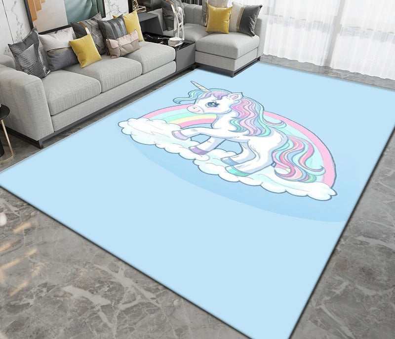 Tapis licorne pour chambre d'enfant bleu ciel
