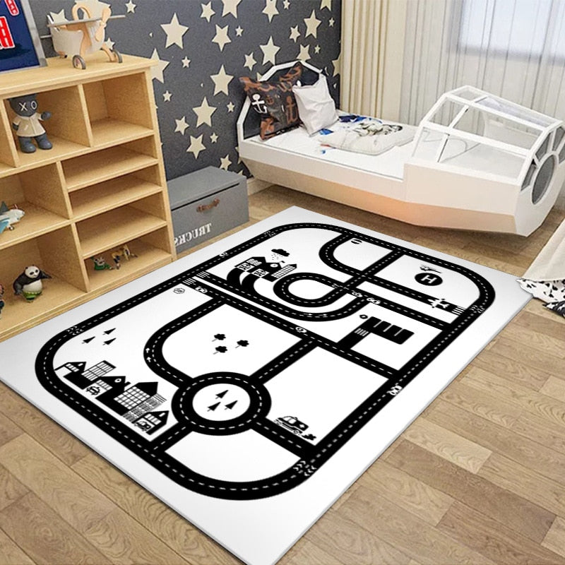 Tapis circuit voiture pour enfant ville noir et blanc
