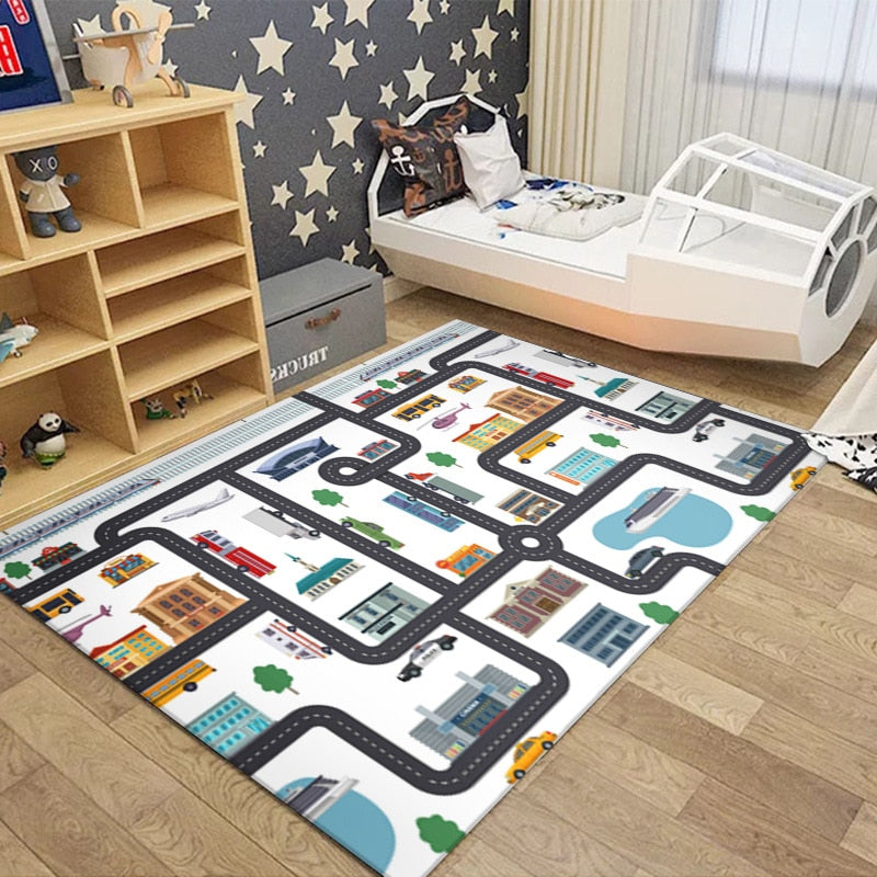 Tapis circuit voiture pour enfant ville blanc