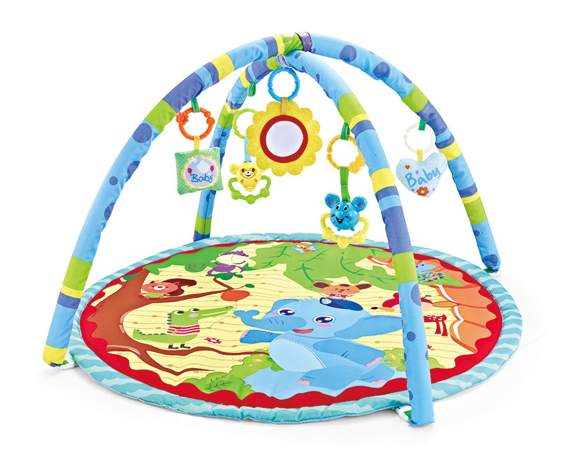 Tapis d'éveil bébé rond animaux et jouets suspendus avec miroir