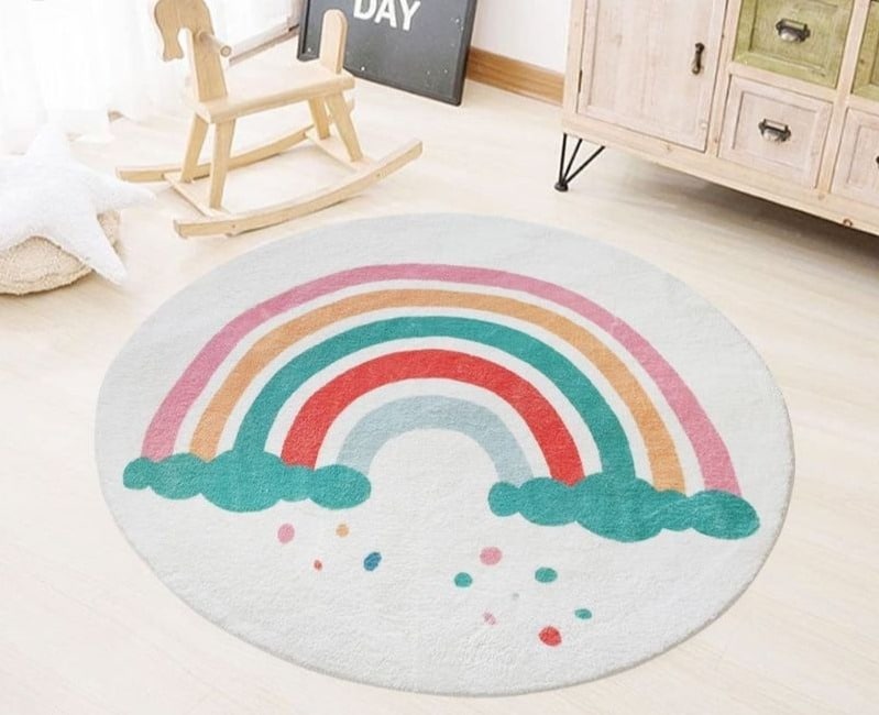 Tapis rond chambre d'enfant avec dessin arc-en-ciel