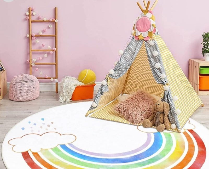 Tapis rond chambre d'enfant avec dessin arc-en-ciel