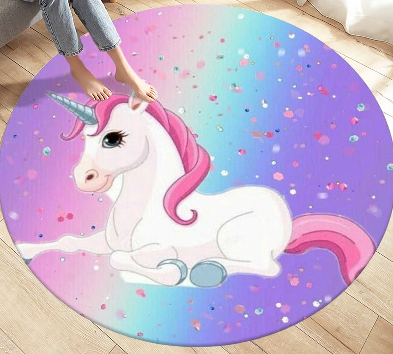 Tapis licorne rond pour chambre d'enfant multicolore