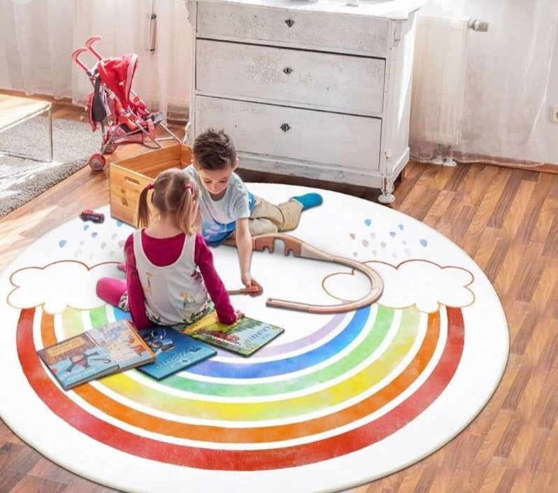 Tapis rond chambre d'enfant avec dessin arc-en-ciel