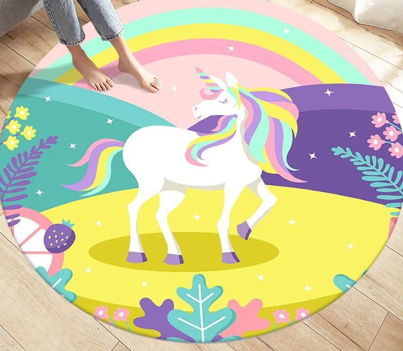 Tapis licorne rond pour chambre d'enfant arc-en-ciel